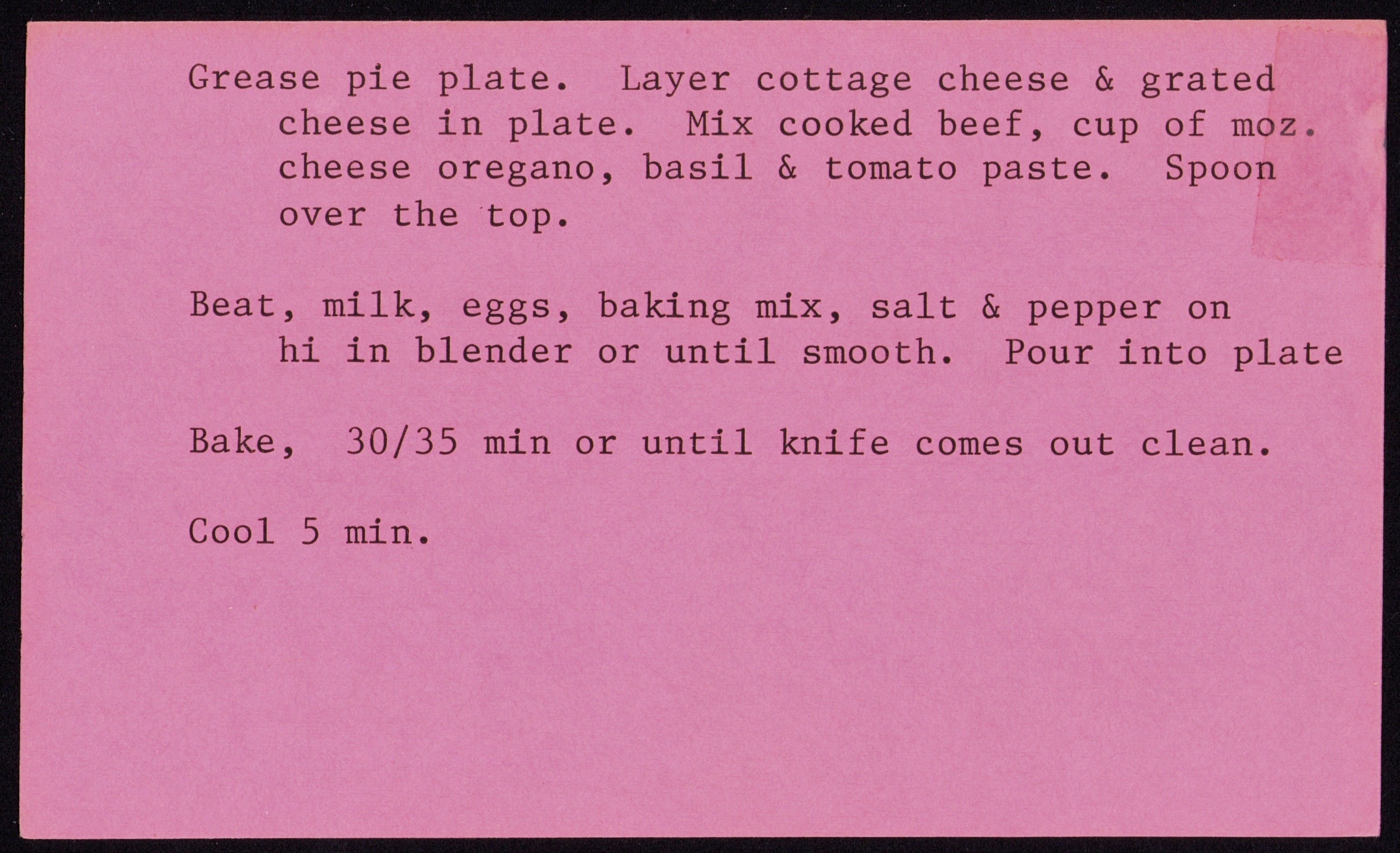 Impossible Lasagne Pie — back of the card