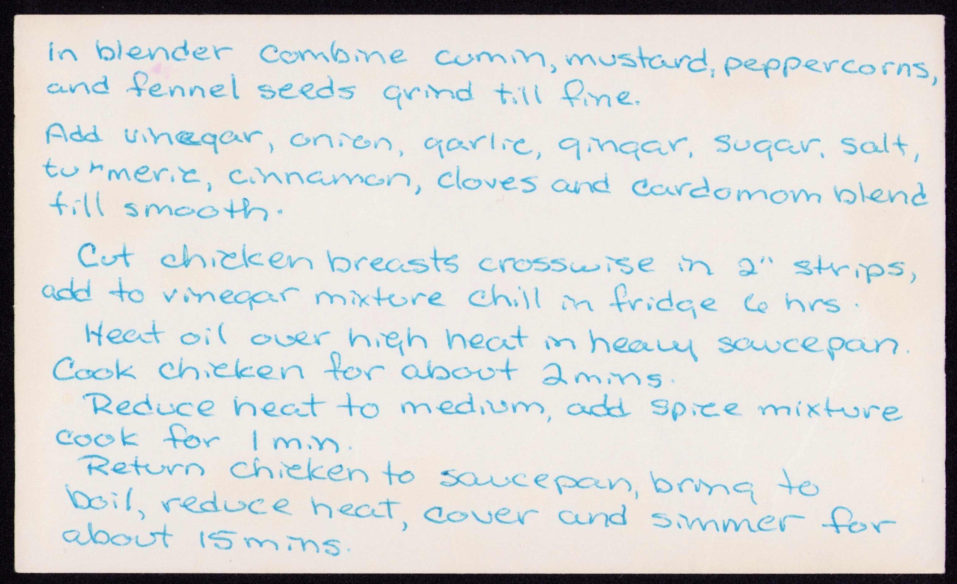 Chicken Vindaloo — back of the card