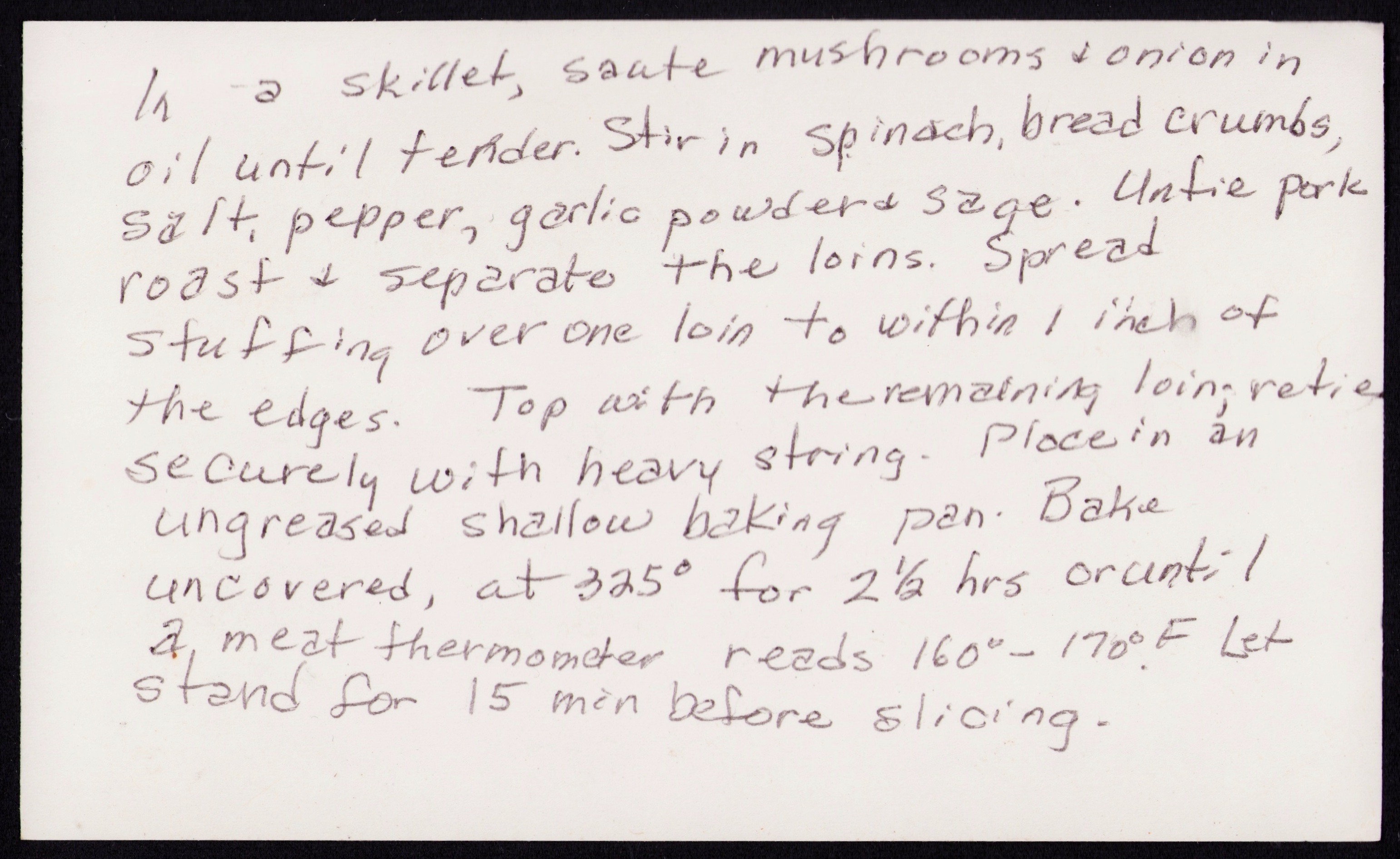 Spinach Stuffed Pork Roast — back of the card
