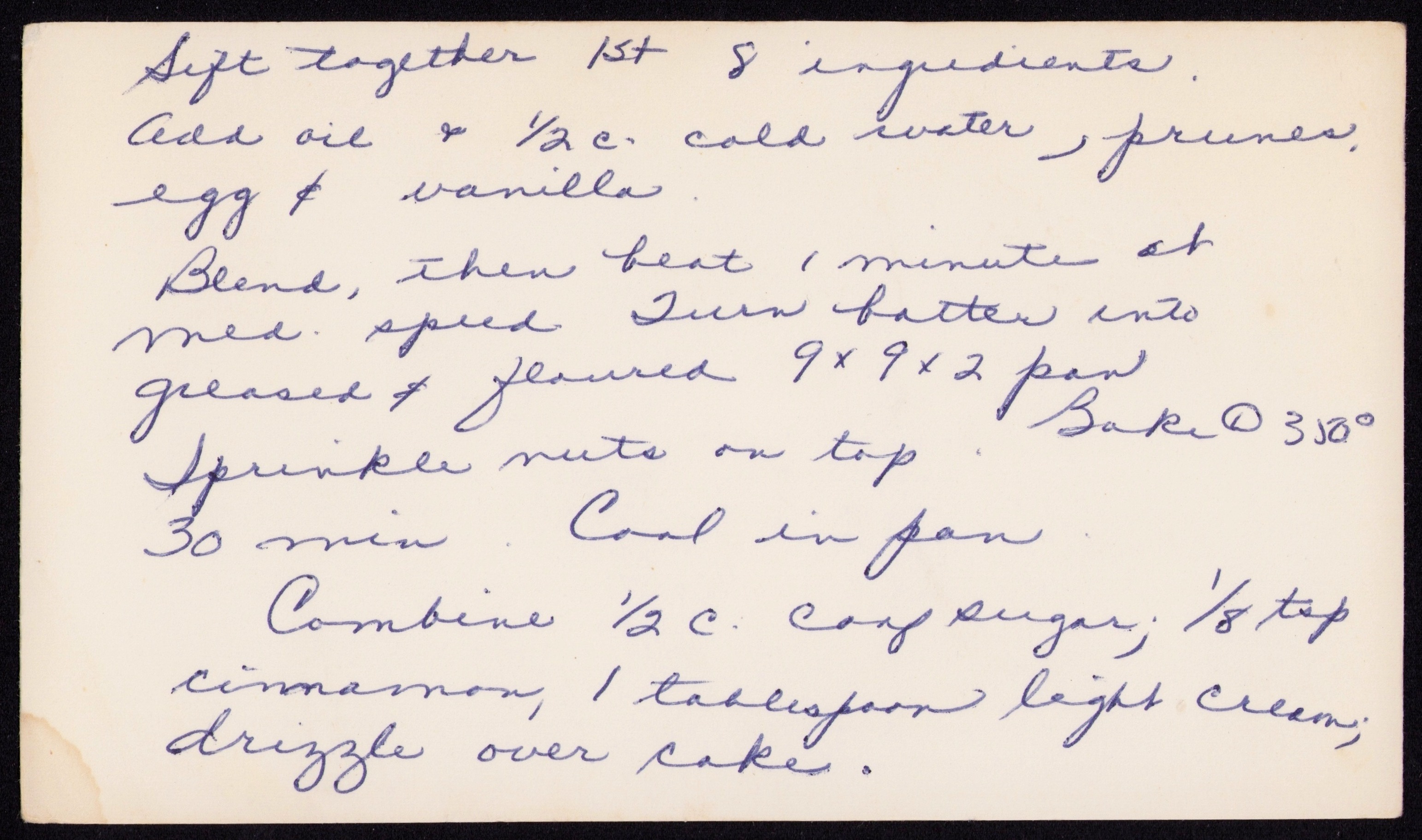 Prune Spice Cake — back of the card