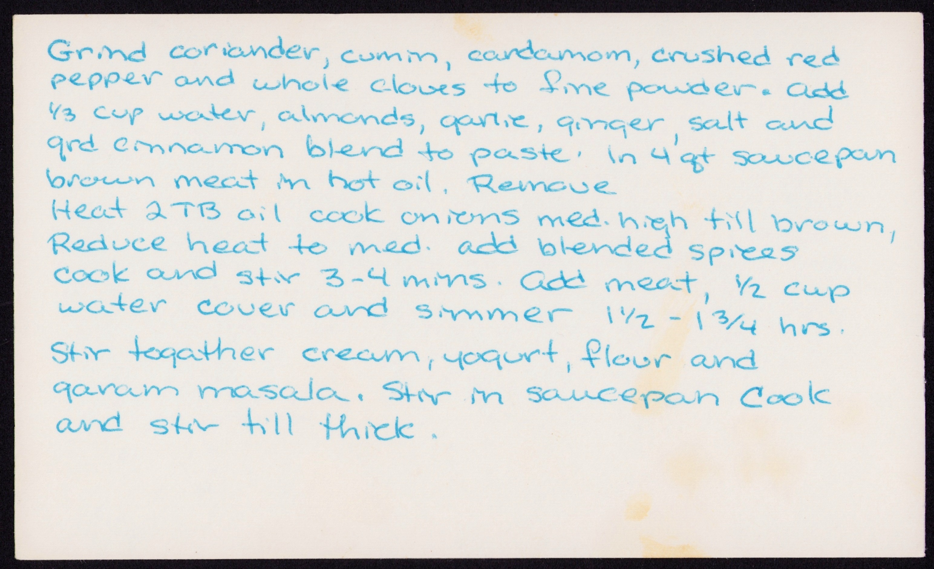 Beef Korma — back of the card