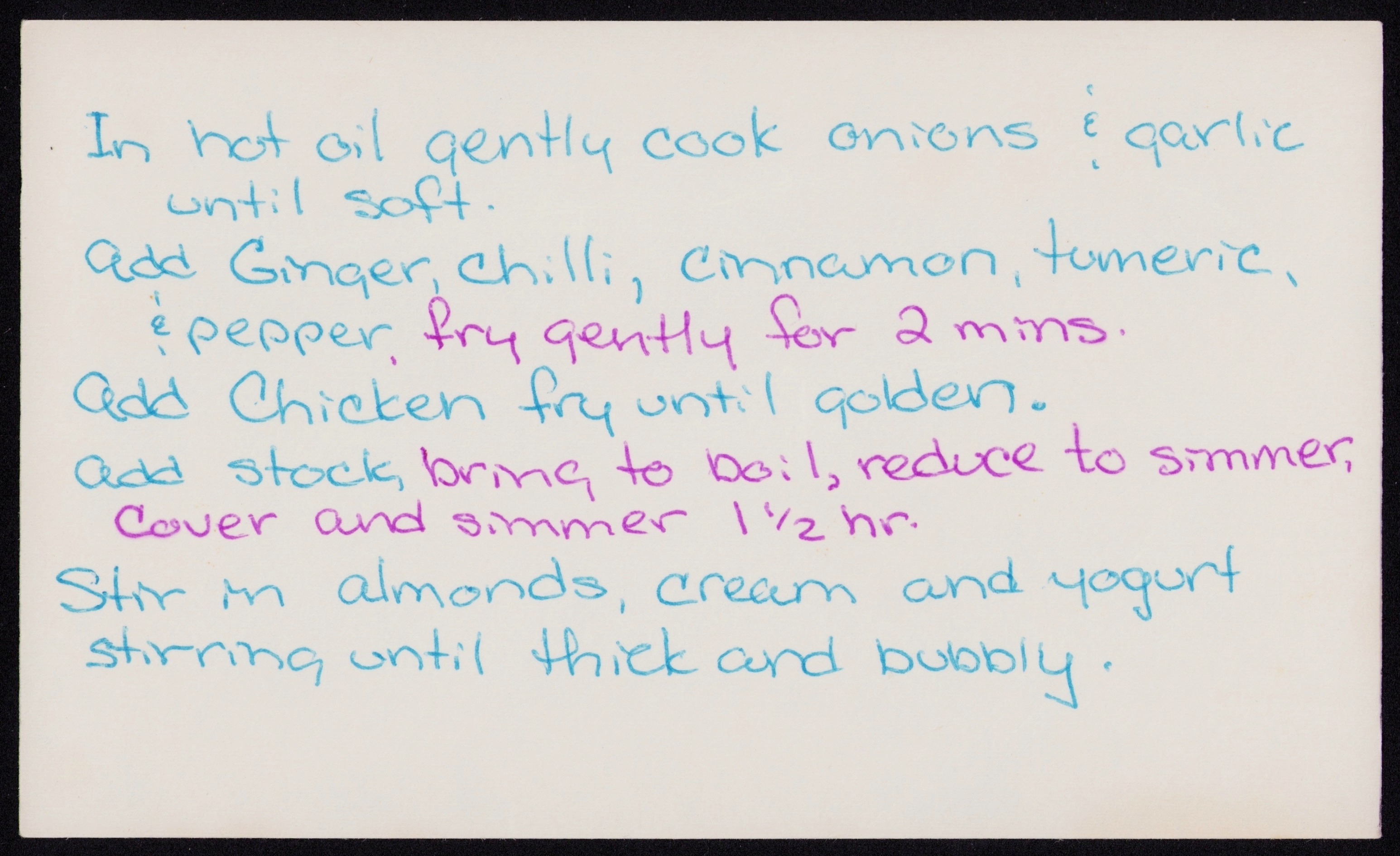 Chicken Korma — back of the card