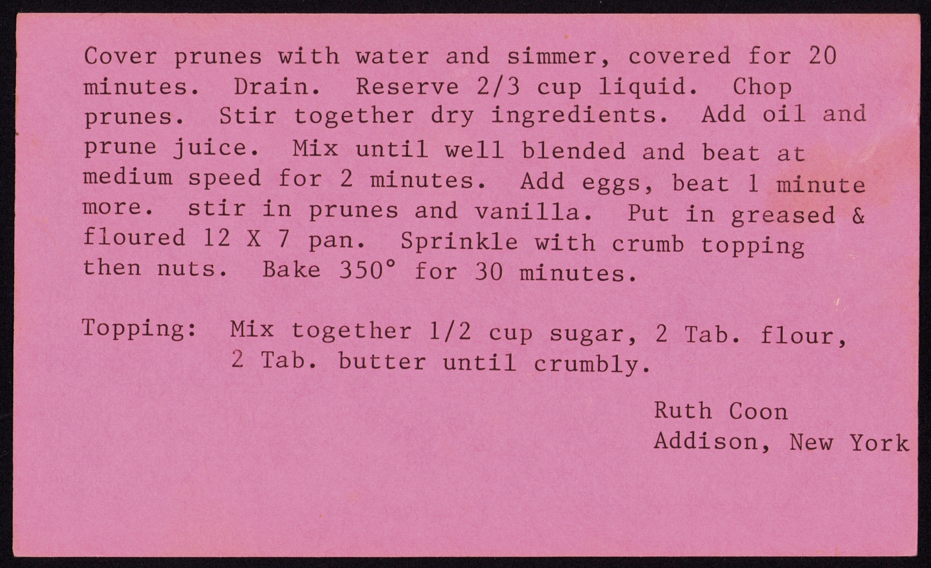 Vienna Prune Cake — back of the card