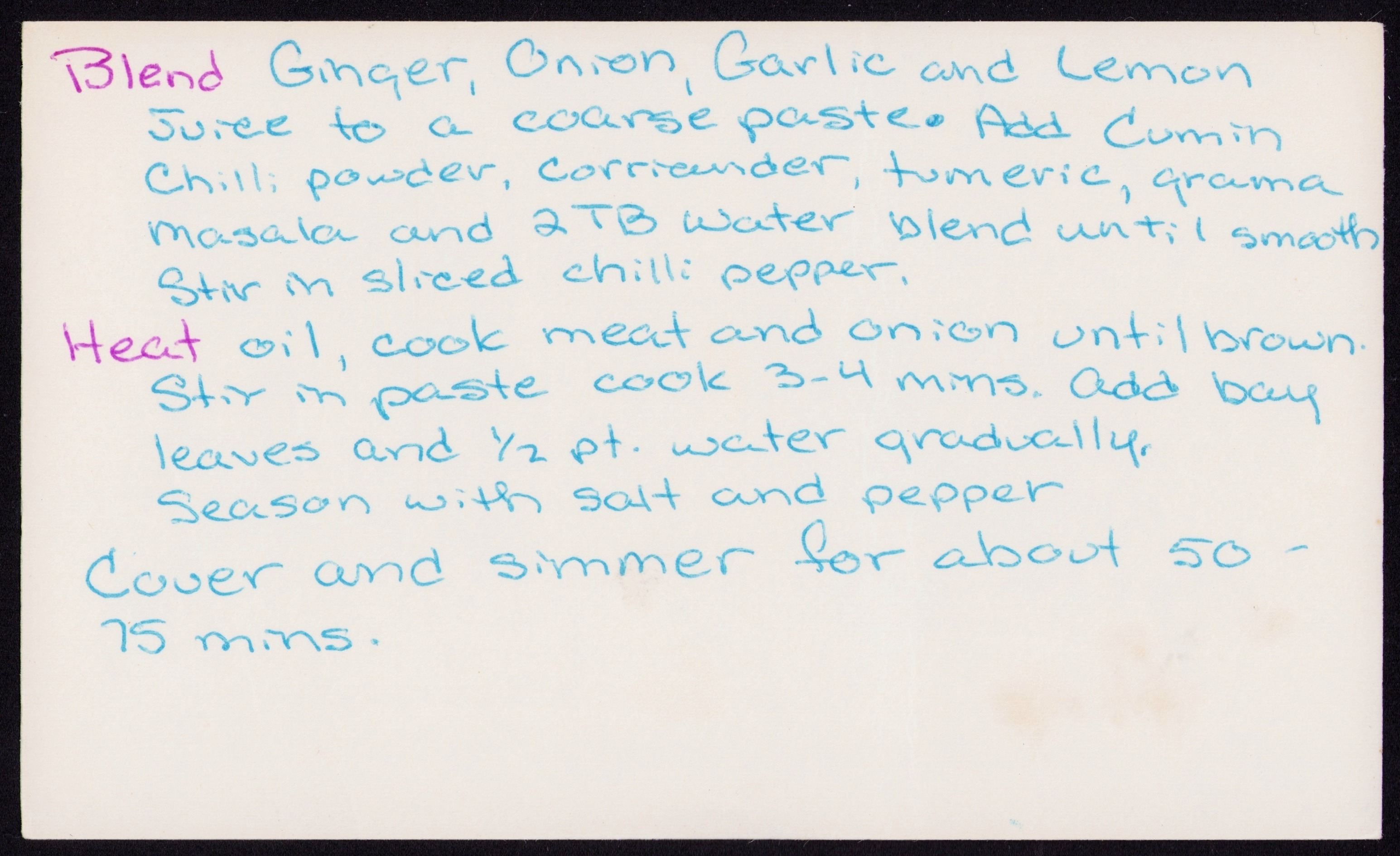 Beef Madras — back of the card
