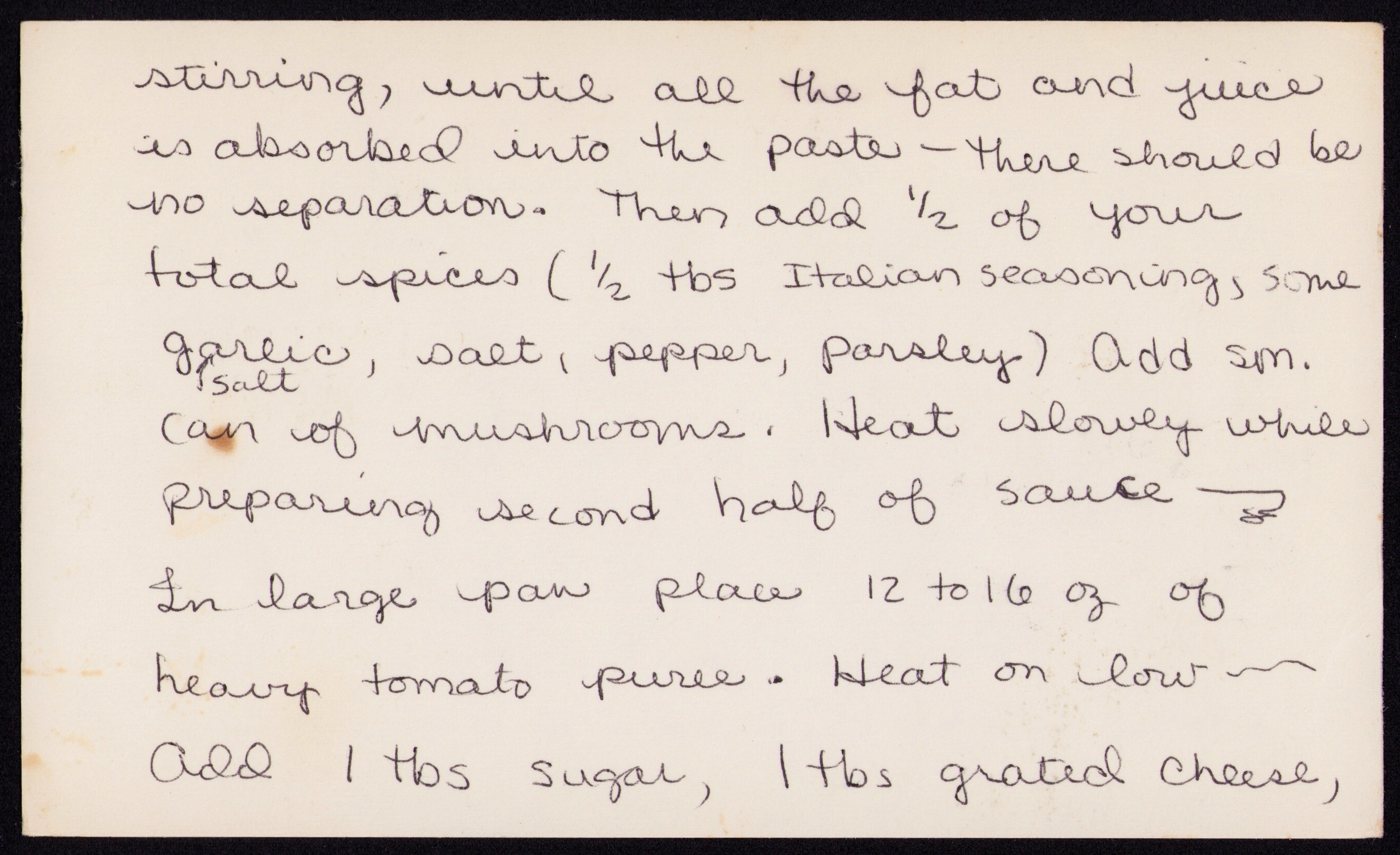 Spagetti Sauce — back of the card